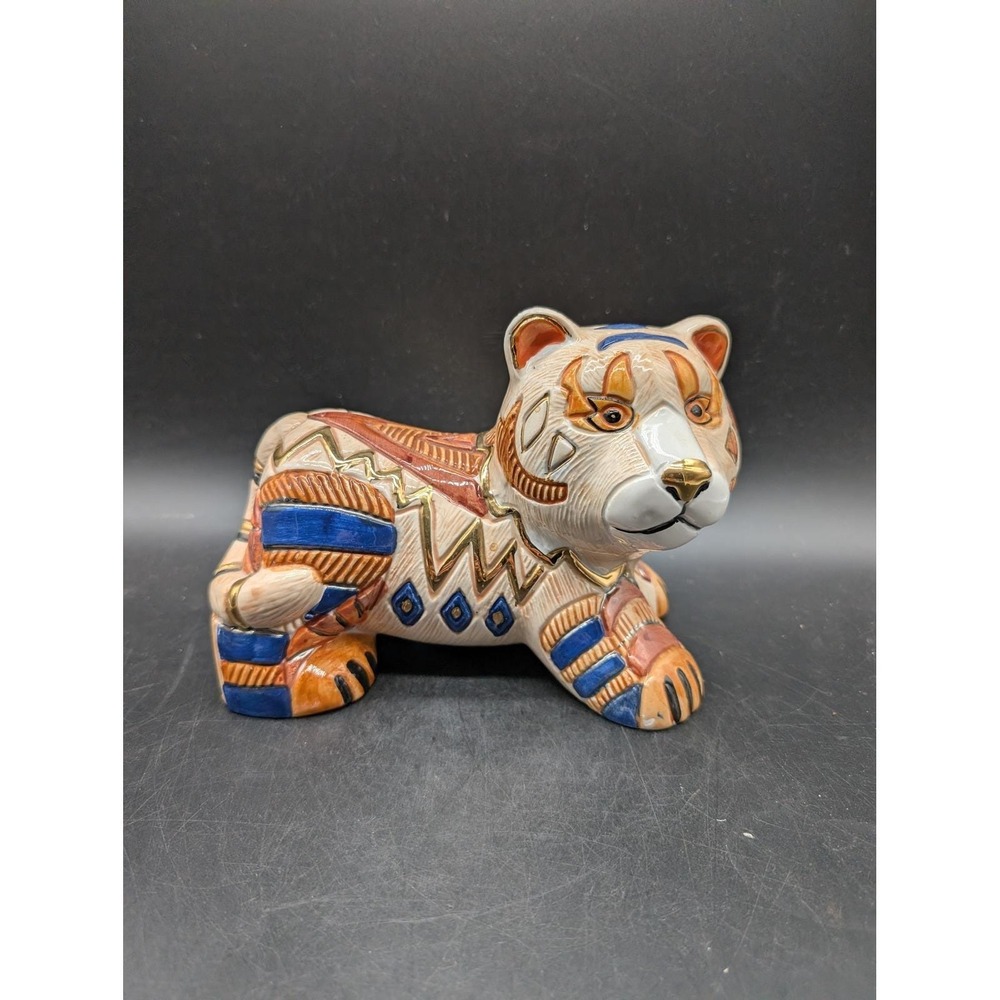 Vintage Ceramic Tiger Cub Coin Bank Hand Painted Gold Accents Geometric Pattern
